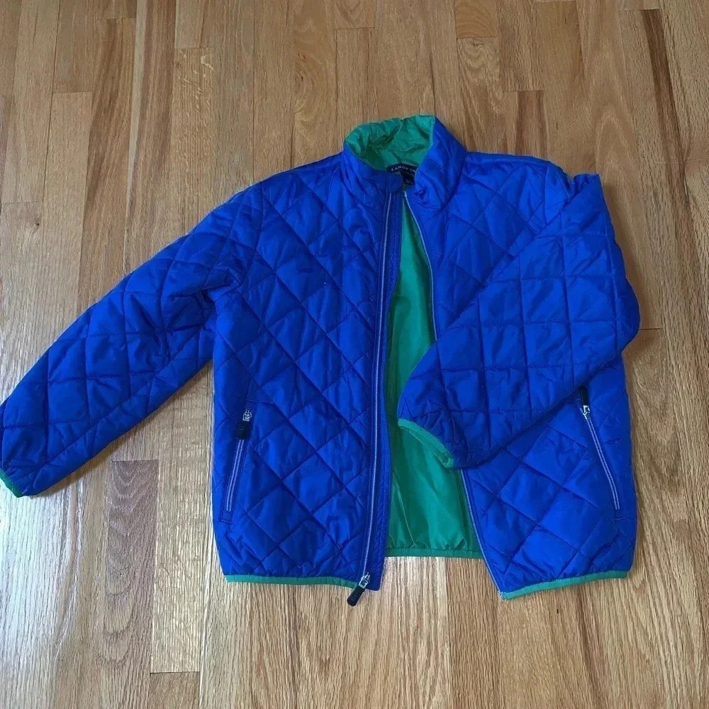 LAND'S END Girl's Sz L (6-7) Thin Quilted Puffer Zip Up Jacket Blue Green